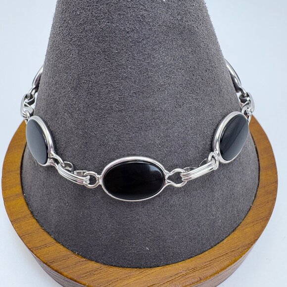 VTG Sterling Silver 925 Black Onyx Bezel Set Station Bracelet Size 7.75" Length - Picture 1 of 10